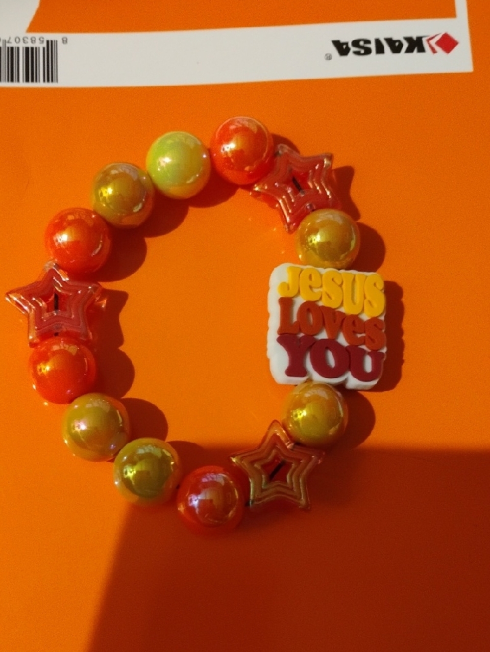 Jesus Loves You Orange & Yellow Beaded Stretch Bracelet
